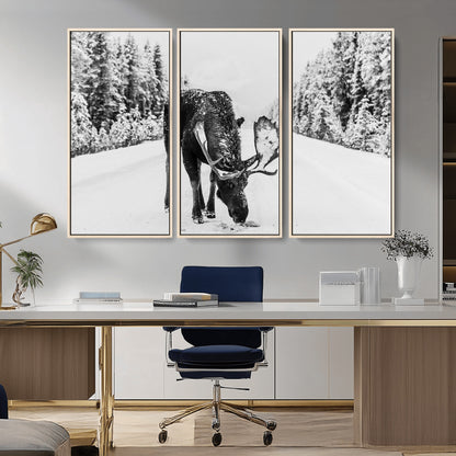 38956835-MGV-CV-36X24-Moose Wall Art – Black and White Wildlife Canvas Print with Snowy Forest Road, Rustic Nature Photography for Cabin, Lodge, Living