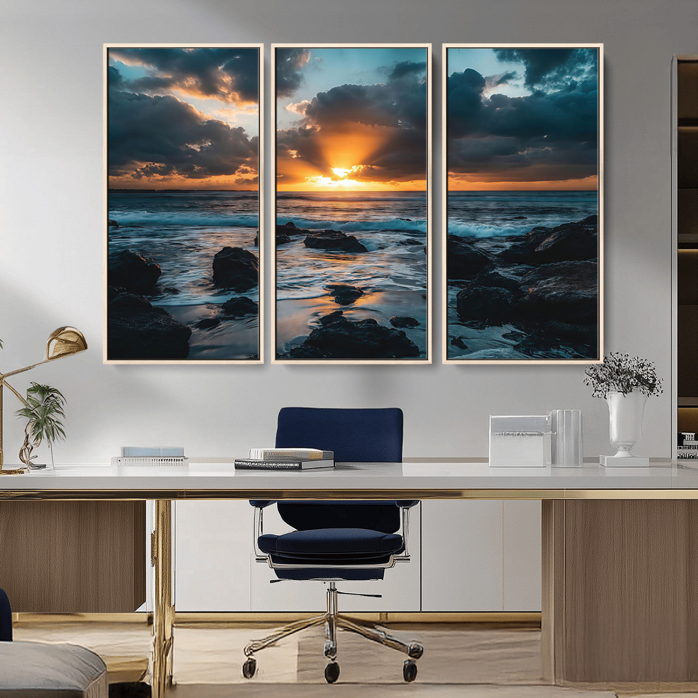 66040852-MGV-CV-36X24-Ocean Sunset Canvas Wall Art – Rocky Shore Waves, Dramatic Clouds, Golden Sun Rays, Coastal Nature, Serene Water Reflection for