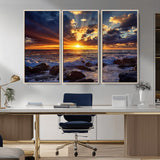 35900590-MGV-CV-36X24-Sunset Ocean Waves Canvas Wall Art – Rocky Shore, Dramatic Sky, Golden Sun Rays, Coastal Beauty, Serene Water Motion for Living