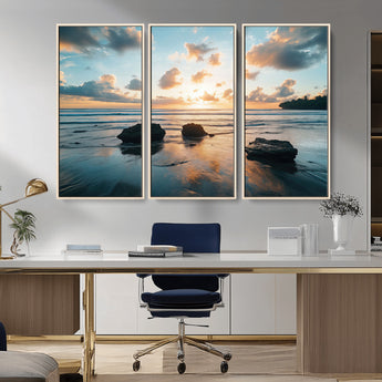 23879436-MGV-CV-36X24-Ocean Sunset Wall Art – Serene Seascape Canvas Print with Golden Sky, Reflections on Sand and Calm Waves, Peaceful Coastal