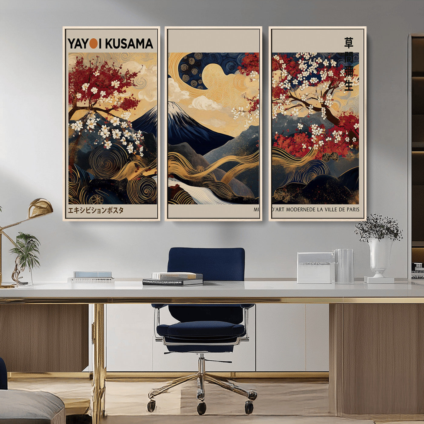 66892669-MGV-CV-36X24-Japanese Landscape Wall Art – Mount Fuji Canvas Print with Cherry Blossoms and Golden Waves, Traditional Asian Inspired Artwork