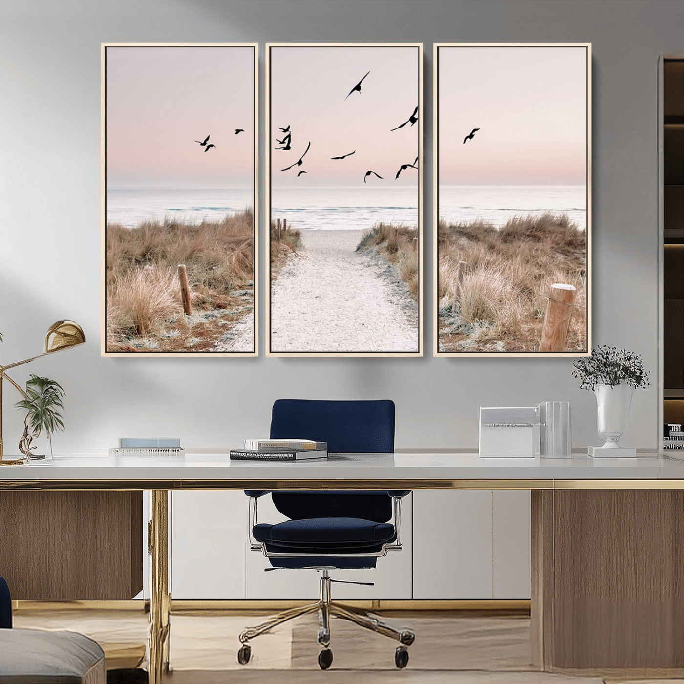 34632598-MGV-CV-36X24-Coastal Pathway Canvas Wall Art – Framed Seaside Landscape, Large Beach and Birds Canvas Print for Home, Office, or Living Room