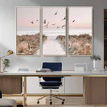 34632598-MGV-CV-36X24-Coastal Pathway Canvas Wall Art – Framed Seaside Landscape, Large Beach and Birds Canvas Print for Home, Office, or Living Room