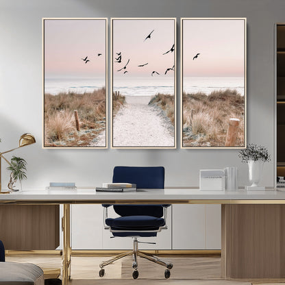 34632598-MGV-CV-36X24-Beach Pathway Wall Art – Coastal Canvas Print with Sandy Trail, Flying Birds and Pastel Sky, Serene Ocean Landscape Photography