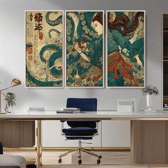 46837670-MGV-CV-36X24-Tsukioka Yoshitoshi Samurai Wall Art Print, Japanese Katana Warrior Canvas Wall Art, Octopus Sea Monster Canvas Print,