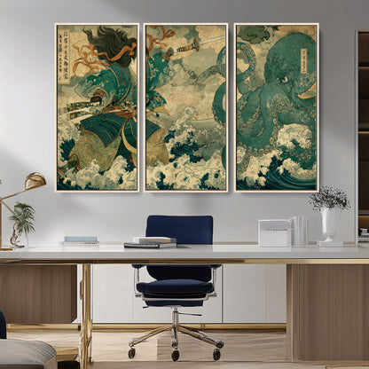 24416422-MGV-CV-36X24-Samurai vs Octopus Wall Art – Japanese Warrior Ocean Battle Canvas Print, Ukiyo e Inspired Decor for Home, Office, or Man Cave