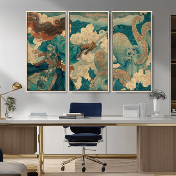 37943964-MGV-CV-36X24-Tsukioka Yoshitoshi Samurai Wall Art Print, Japanese Katana Warrior Canvas Wall Art, Octopus Sea Monster Canvas Print,