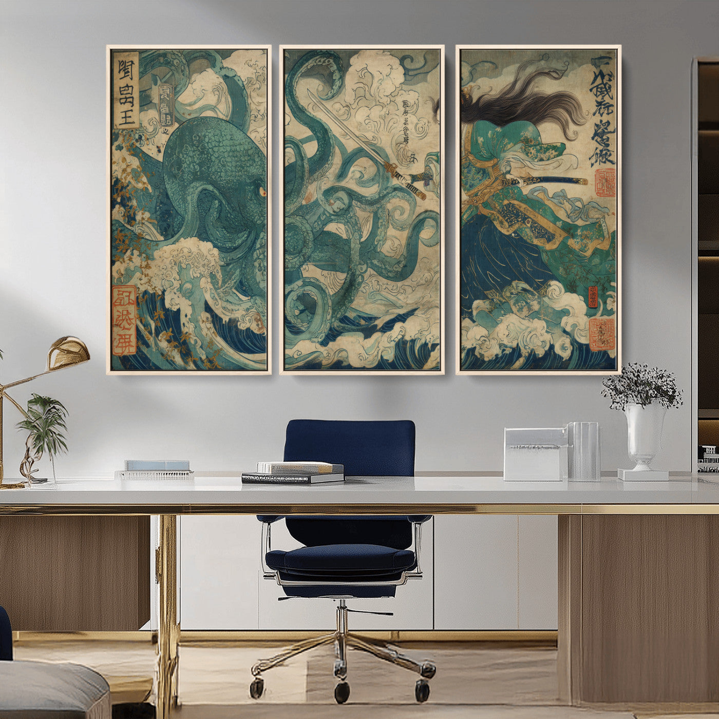 60346622-MGV-CV-36X24-Tsukioka Yoshitoshi Samurai Wall Art Print, Japanese Katana Warrior Canvas Wall Art, Octopus Sea Monster Canvas Print,