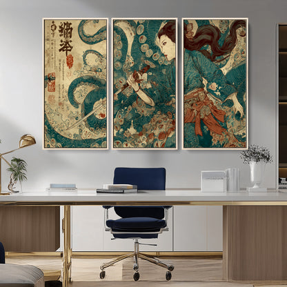 18575670-MGV-CV-36X24-Tsukioka Yoshitoshi Samurai Wall Art Print, Japanese Katana Warrior Canvas Wall Art, Octopus Sea Monster Canvas Print,