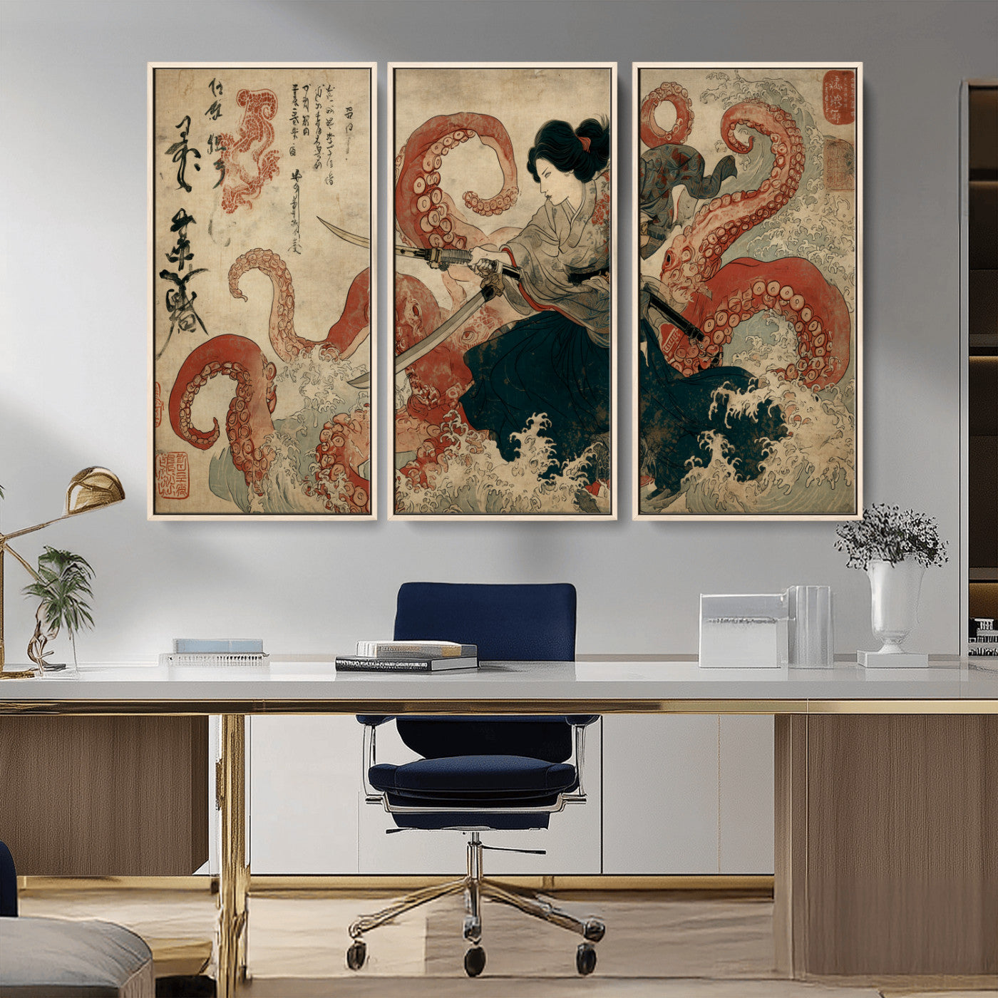50812504-MGV-CV-36X24-Tsukioka Yoshitoshi Samurai Wall Art Print, Japanese Katana Warrior Canvas Wall Art, Octopus Sea Monster Canvas Print,