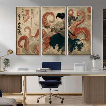 50812504-MGV-CV-36X24-Samurai Woman vs Octopus Wall Art – Japanese Ukiyo-e Red Tentacle Canvas Print, Ocean Battle Artwork for Living Room, Office, Man