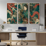 35461724-MGV-FC-48X32-3P_Natural-Samurai Woman vs Octopus Wall Art – Japanese Ukiyo-e Ocean Waves Canvas Print, Red Tentacle Battle Artwork for Living Room,