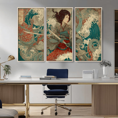 63377977-MGV-CV-36X24-Tsukioka Yoshitoshi Samurai Wall Art Print, Japanese Katana Warrior Canvas Wall Art, Octopus Sea Monster Canvas Print,
