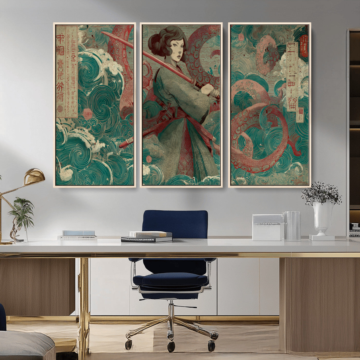91666601-MGV-CV-36X24-Samurai Woman vs Octopus Wall Art – Japanese Ukiyo-e Green Robe Canvas Print, Ocean Battle Artwork for Living Room, Office, Man