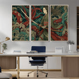 18902796-MGV-CV-36X24-Samurai Woman vs Octopus Wall Art – Japanese Ukiyo-e Green Kimono Canvas Print, Ocean Battle Scene Artwork for Living Room,