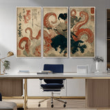 82737246-MGV-CV-36X24-Samurai Woman vs Octopus Wall Art – Japanese Ukiyo-e Dual Sword Canvas Print, Red Tentacle Ocean Battle Artwork for Living Room,