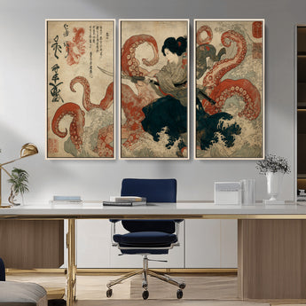 82737246-MGV-CV-36X24-Samurai Woman vs Octopus Wall Art – Japanese Ukiyo-e Dual Sword Canvas Print, Red Tentacle Ocean Battle Artwork for Living Room,
