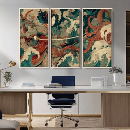 30212982-MGV-CV-36X24-Samurai Woman vs Octopus Wall Art – Japanese Ukiyo-e Style Warrior and Sea Monster Canvas Print, Mythology Inspired Artwork for