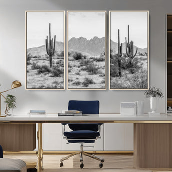 97436PHN-MGV-CV-36X24-Desert Landscape Wall Art – Black and White Cactus and Mountain Canvas Print, Southwestern Nature Photography for Living Room,