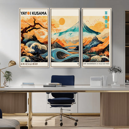 94085549-MGV-CV-36X24-Yayoi Kusama Inspired Japanese Landscape Art Print – Vibrant Mount Fuji, Waves & Autumn Trees, Modern Decorative Poster for