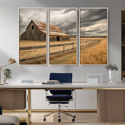 21991117-MGV-CV-36X24-Rustic Barn Wall Art – Weathered Farmhouse Canvas Print, Stormy Sky and Golden Field Photography Decor for Bedroom, Living Room,