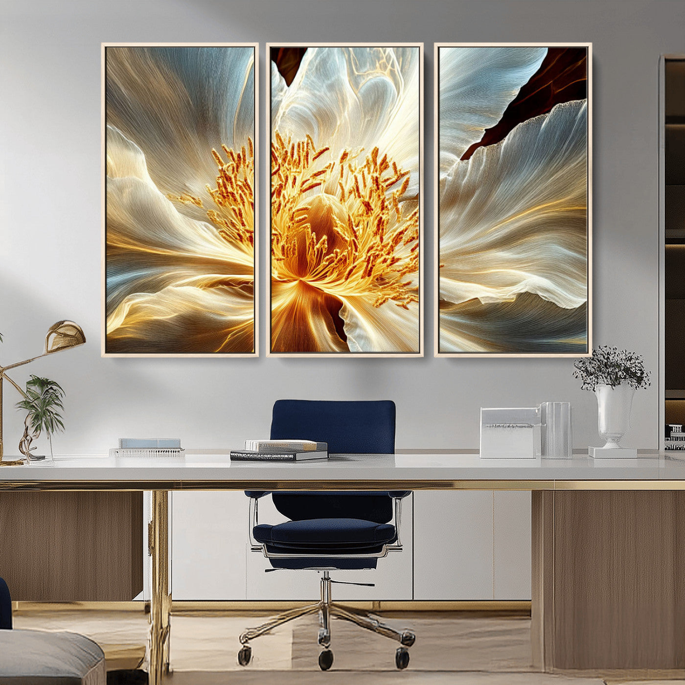 20862576-MGV-CV-36X24-Golden Abstract Flower Canvas Wall Art – Modern Botanical Bloom Print, Elegant Floral Artwork for Living Room, Bedroom, Office