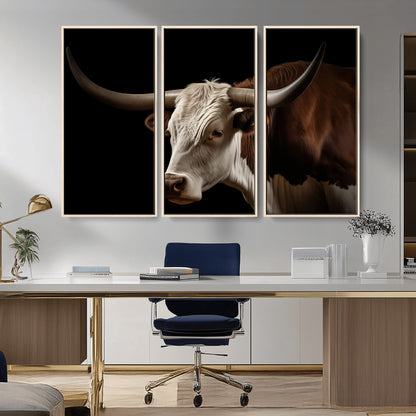 27414857-MGV-FC-48X32-3P_Natural-Longhorn Bull Wall Art – Dramatic Western Steer Portrait Canvas Print, Rustic Farmhouse Animal Decor for Living Room, Office, or