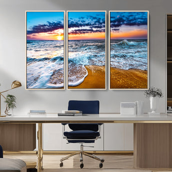 24077769-MGV-CV-36X24-Sunset Beach Wall Art – Ocean Waves Canvas Print, Golden Shoreline Photography Coastal Decor for Living Room, Bedroom, Office,