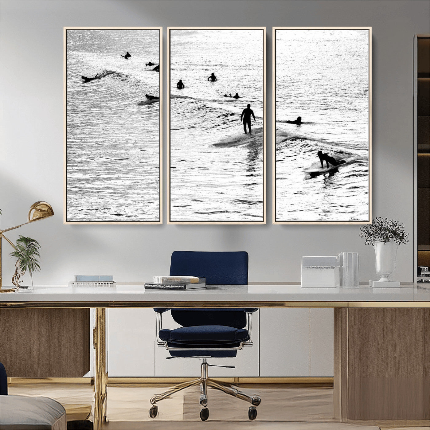 68018616-MGV-CV-36X24-Black and White Surf Photography Print – Minimalist Ocean Wall Art, Surfers Riding Waves, Coastal Beach Decor for Modern Home or