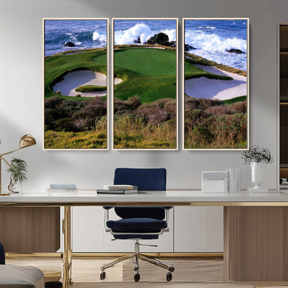 22776914-MGV-FC-48X32-3P_Natural-Golf Course Wall Art – Oceanfront Green Canvas Print, Coastal Pebble Beach Photography Sports Decor for Living Room, Office, Man