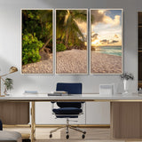 89531159-MGV-CV-36X24-Tropical Beach Sunset Canvas Wall Art – Palm Trees Golden Sand Ocean Waves Coastal Paradise Print for Beach House Bedroom Bathroom