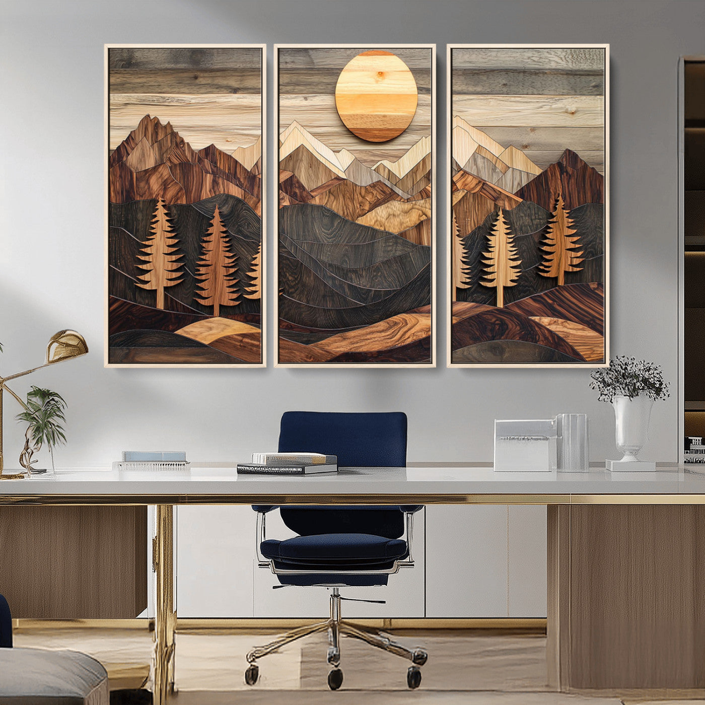 90044381-MGV-CV-36X24-Rustic Wall Art – Wooden Mountain Landscape with Sun and Pine Trees, Handcrafted Nature Canvas Style Decor for Bedroom, Living
