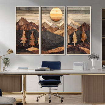 90044381-MGV-CV-36X24-Rustic Wall Art – Wooden Mountain Landscape with Sun and Pine Trees, Handcrafted Nature Canvas Style Decor for Bedroom, Living