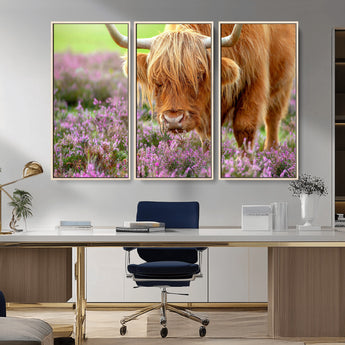 64069351-MGV-FC-48X32-3P_Natural-Farmhouse Wall Art – Highland Cow in Wildflowers Canvas Print, Rustic Country Cattle Photography Decor for Bedroom, Living Room,