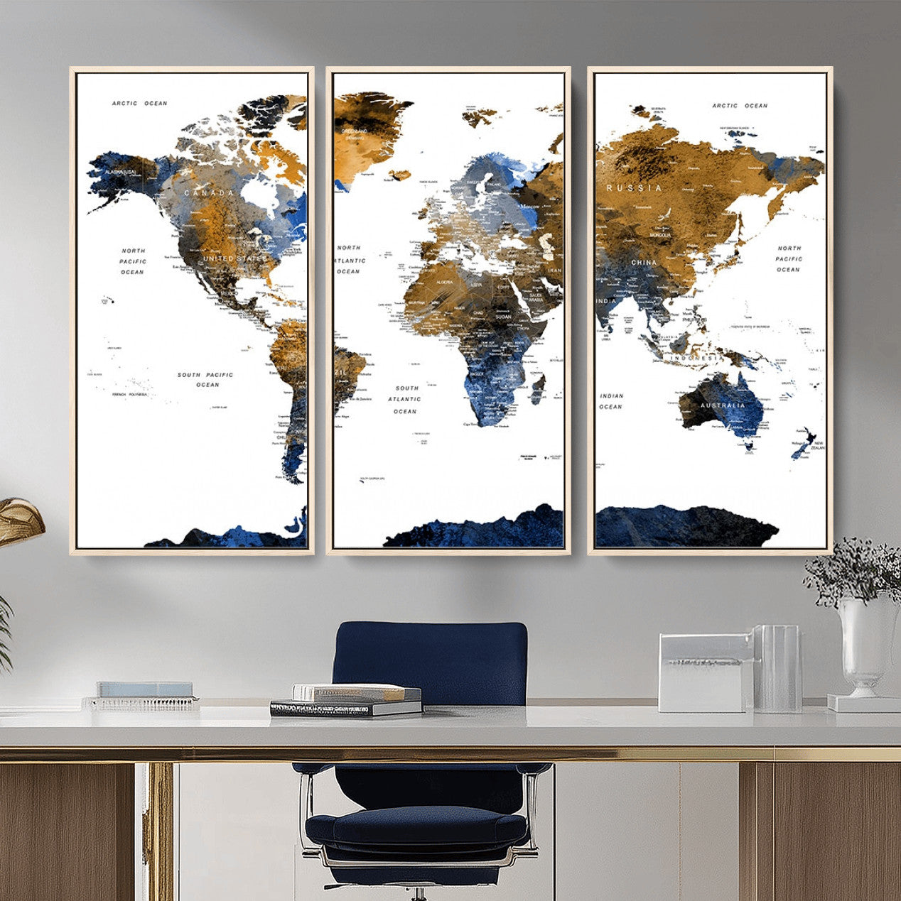 MGV-FC-48X32-3P - World Map Wall Art Canvas Print, Framed Blue Gold Map Art Picture Print, Rustic Atlas Perfect Rustic Modern Decor Artwork