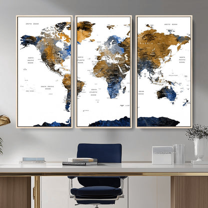 MGV-FC-48X32-3P - World Map Wall Art Canvas Print, Framed Blue Gold Map Art Picture Print, Rustic Atlas Perfect Rustic Modern Decor Artwork