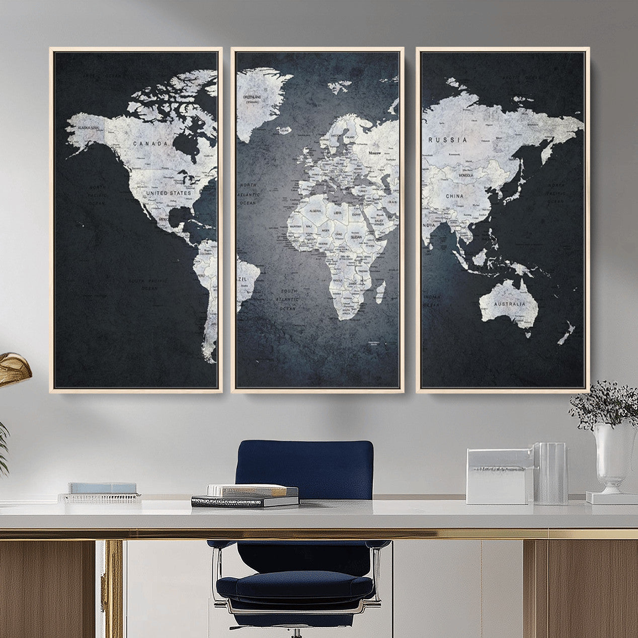 MGV-FC-48X32-3P - Monochrome World Map Wall Art Canvas Print, Framed Minimalist Map Art Picture Print, Modern Atlas Perfect Modern Minimalist Decor Artwork