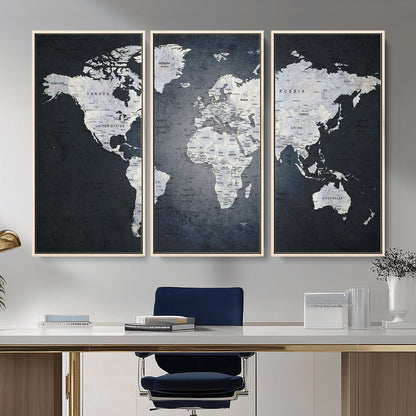MGV-FC-48X32-3P - Monochrome World Map Wall Art Canvas Print, Framed Minimalist Map Art Picture Print, Modern Atlas Perfect Modern Minimalist Decor Artwork
