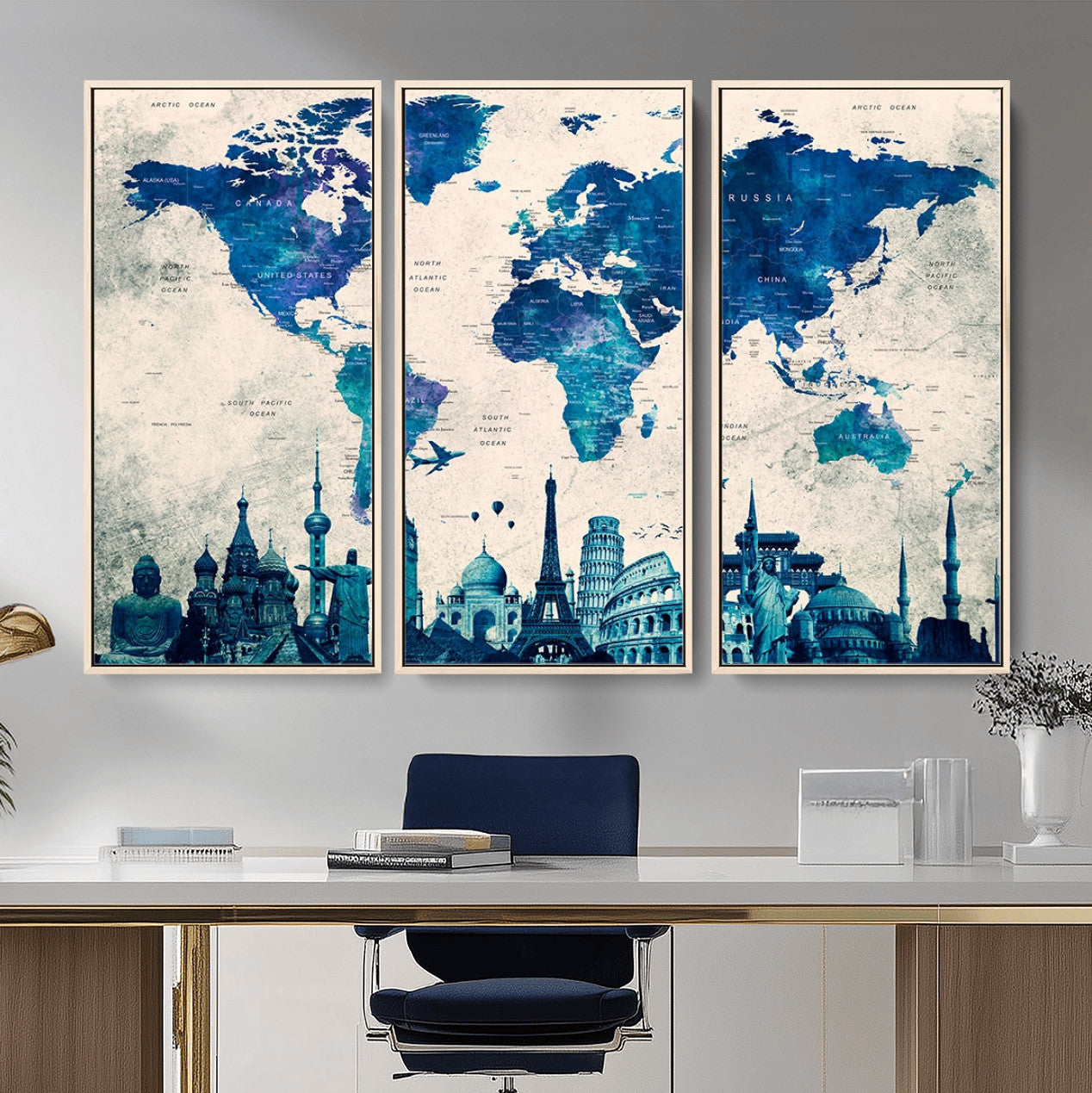 MGV-FC-48X32-3P - Blue World Map Wall Art Canvas Print, Framed Iconic Landmarks Art Picture Print, Blue Globe Map Perfect Elegant Explorer Decor Artwork