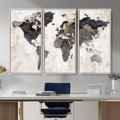 MGV-FC-48X32-3P - World Map Wall Art Canvas Print, Framed Rustic Map Art Picture Print, Antique Map Perfect Rustic Explorer Decor Artwork