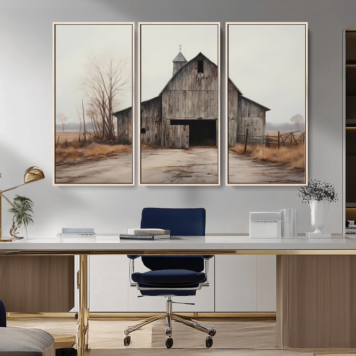 90499-MGV-FC-48X32-3P_Natural-Old Barn Wall Art Canvas Print, Framed Rustic Barn Art Picture Print, Abandoned Farm Perfect Rustic Farmhouse Decor Artwork