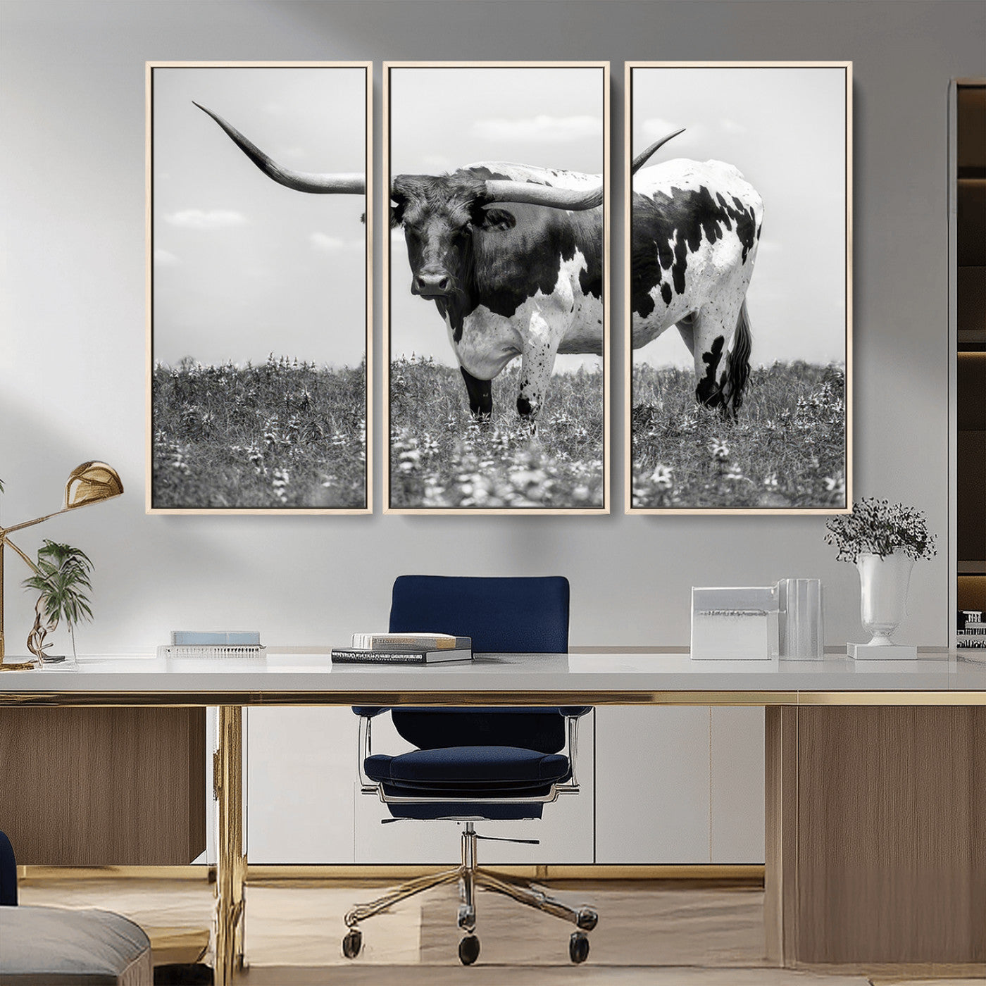 83785-MGV-CV-36X24-Texas Longhorn Wall Art Canvas Print, Framed Horned Bull Art Picture Print, Monochrome Cattle Perfect Rustic Western Decor Artwork