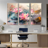 18414-MGV-FC-48X32-3P_Natural-Pink Lotus Wall Art Canvas Print, Framed Water Lily Art Picture Print, Dreamy Floral Perfect Dreamy Botanical Decor Artwork