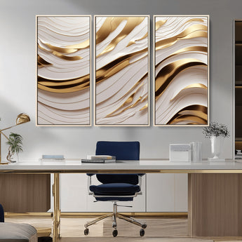 41237-MGV-FC-48X32-3P_Natural-Gold Waves Wall Art Canvas Print, Framed Elegant Flow Art Picture Print, Luxury Layers Perfect Minimal Luxe Decor Artwork