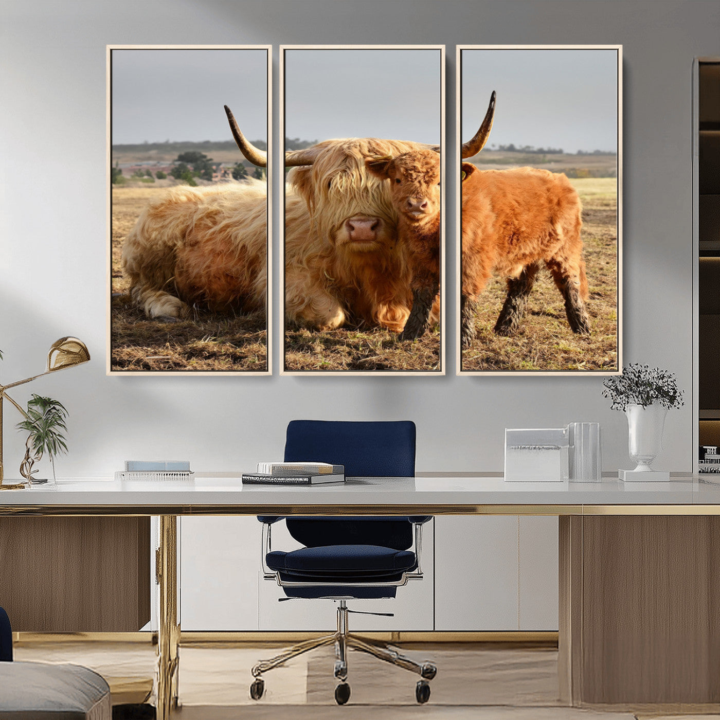 88780-MGV-CV-36X24-Highland Cow Wall Art Canvas Print, Framed Cow Calf Art Picture Print, Scottish Cattle Perfect Rustic Farmhouse Decor Artwork