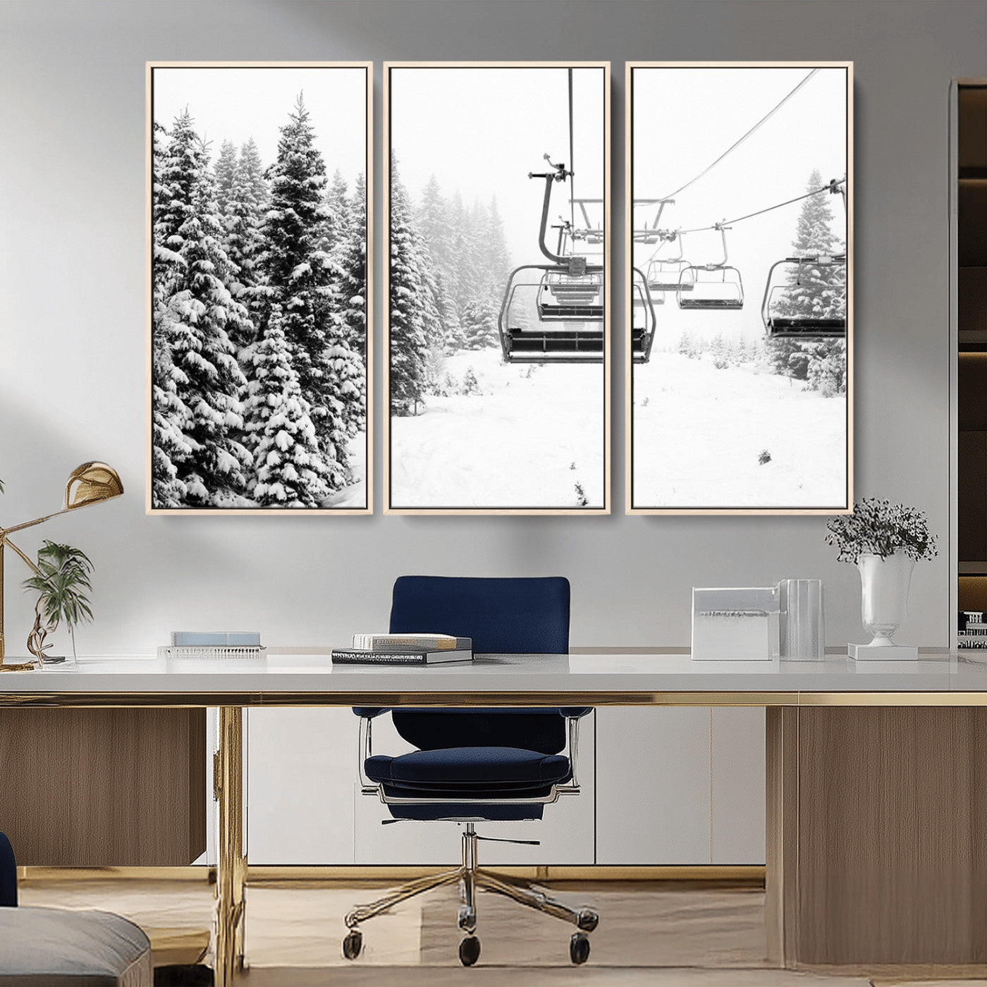 49274-MGV-CV-36X24-Snowy Forest Wall Art Canvas Print, Framed Ski Lift Art Picture Print, Mountain Snow Perfect Minimal Winter Lodge Decor Artwork