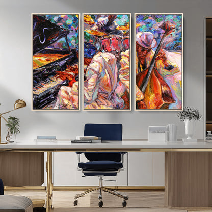 13675-MGV-CV-36X24-Jazz Band Wall Art Canvas Print, Framed Jazz Oil Painting Art Picture Print, Vibrant Music Perfect Abstract Musical Decor Artwork