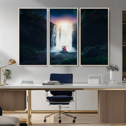 56359-MGV-CV-36X24-Lilo Stitch Wall Art Canvas Print, Framed Stitch Angel Art Picture Print, Cartoon Waterfall Perfect Tropical Fantasy Decor Artwork