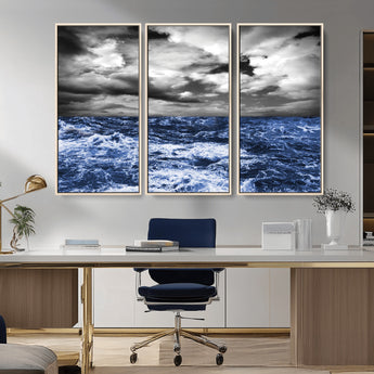 91043-MGV-CV-36X24-Stormy Ocean Wall Art Canvas Print, Framed Moody Seascape Art Picture Print, Monochrome Sea Perfect Coastal Drama Decor Artwork