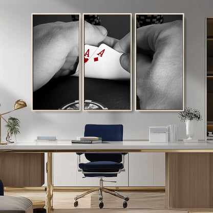 62460-MGV-CV-36X24-Poker Game Wall Art – Close Up of Hands Holding Aces with Chips, Casino Style Decor for Game Room, Man Cave or Office